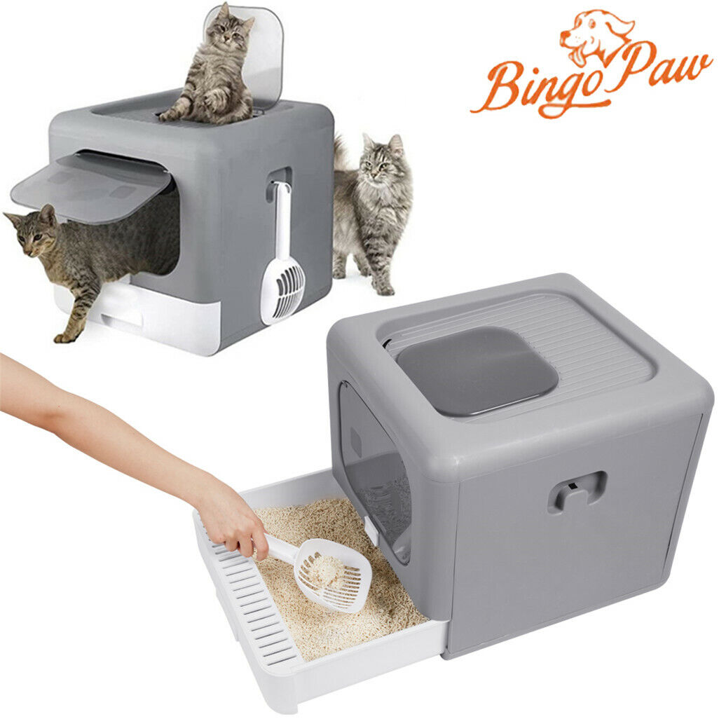 Foldable Fully Enclosed Hooded Cat Litter Box Self-Cleaning Kitty Toilet w Tray