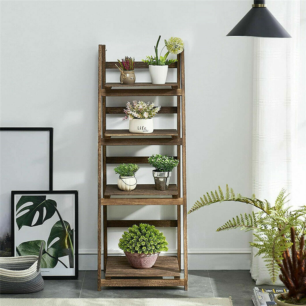 Retro 4 Tier Wooden Ladder Bookcase Folding Book Shelf Plant Stand Storage Rack