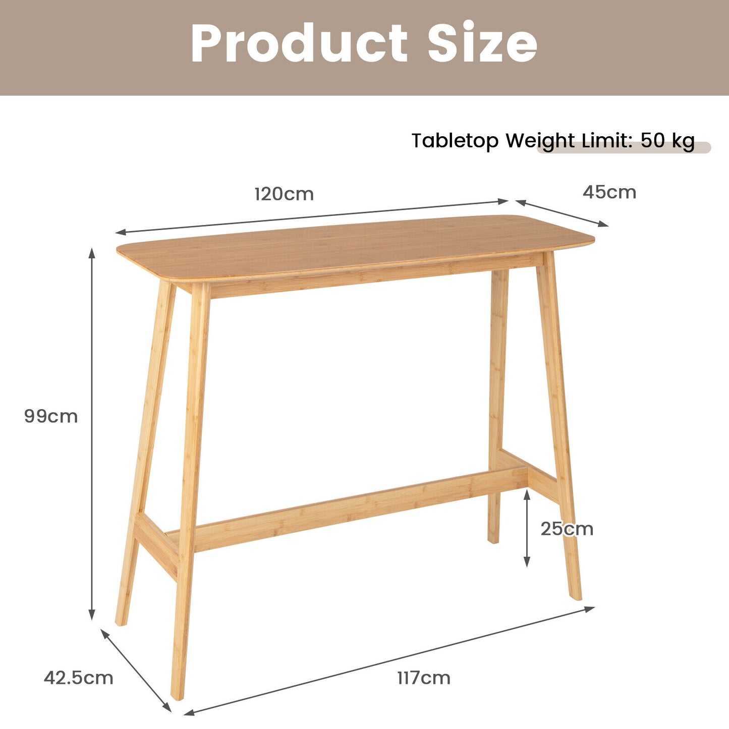 120cm Bamboo Bar Table High Top Dining Cocktail Table Rectangular