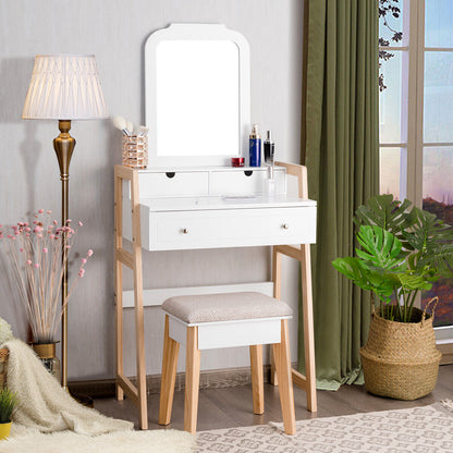 Makeup Vanity Table w/ 3 Drawers & Mirror Cushioned Stool CosmeticSet