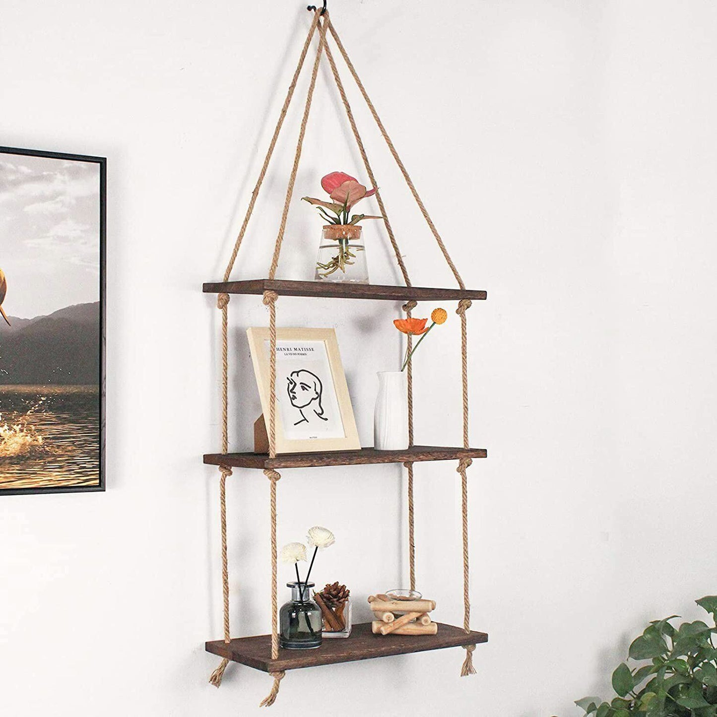 Heavy Duty Wall Hanging Rope Shelf Wooden Swing Storage Shelves Organizer Rack