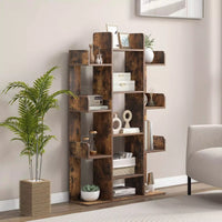 Tall Tree-Shaped Bookshelf with Open Shelves and Corner Storage Organizer