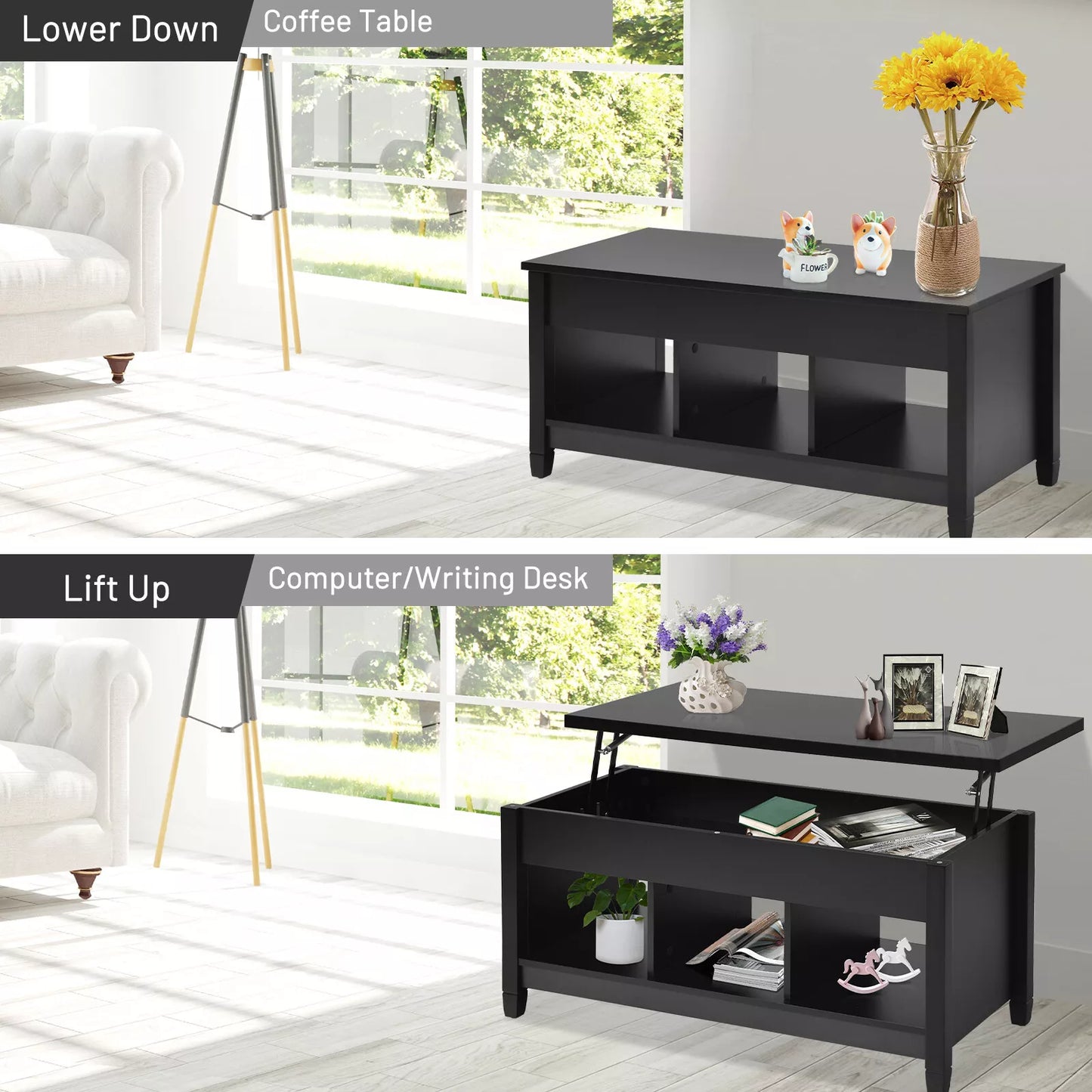 Modern Lift-Top Coffee Table with Hidden Storage & Open Shelves – Stylish & Functional Centerpiece