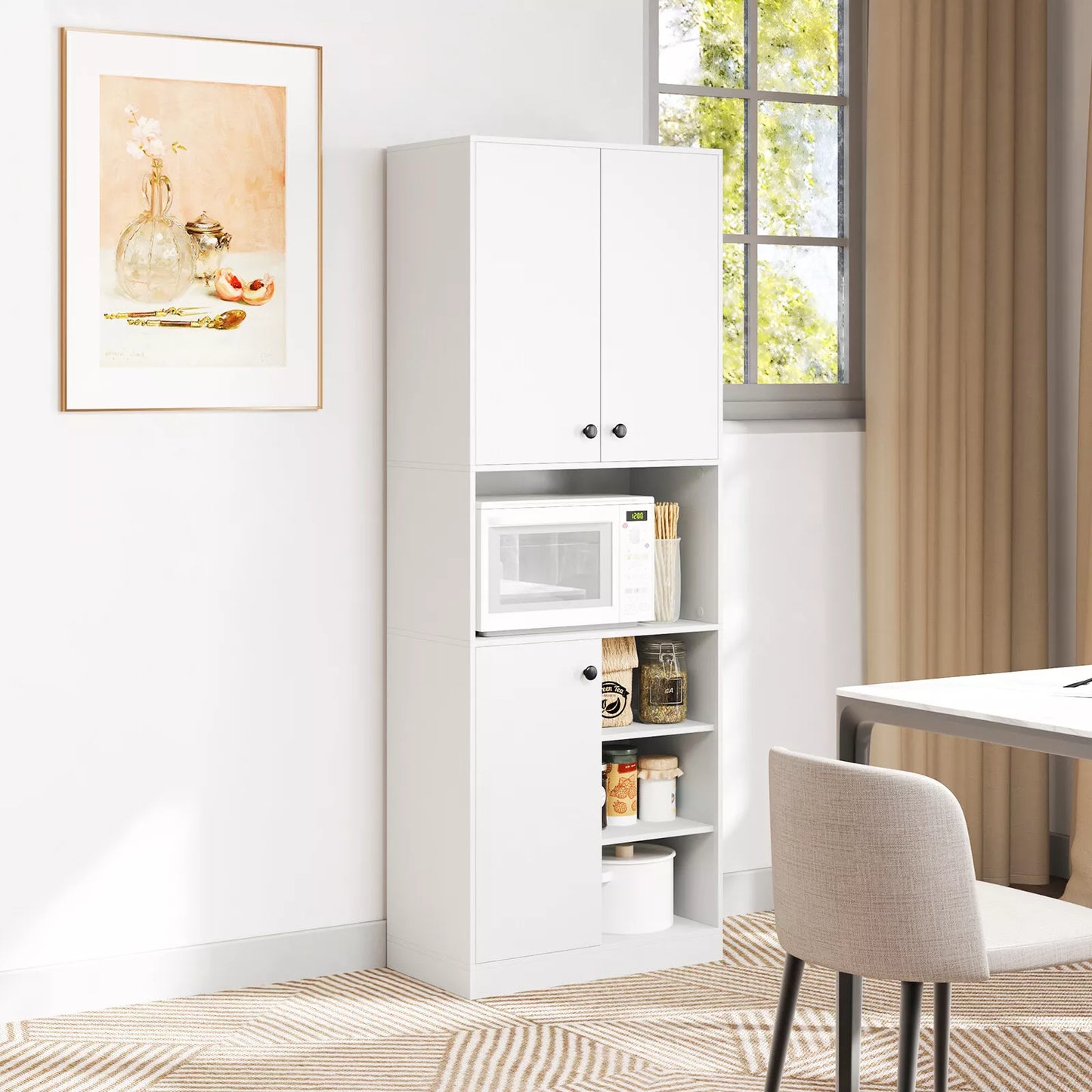 166cm Tall Modern Kitchen Pantry Cabinet with Hutch & Open Shelves