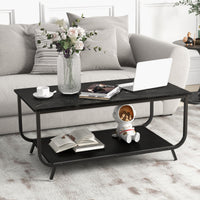 Coffee Table Faux Mable Tabletop 2-Tier Storage Shelf Modern Black