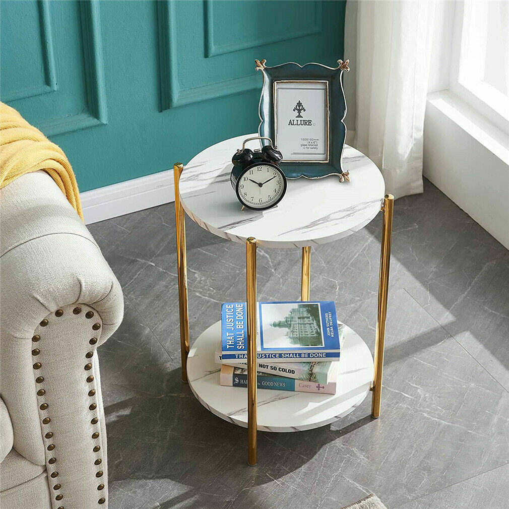 Real Marble Sofa Side Coffee Table Double Tiers Round Nesting Table Gold Frame