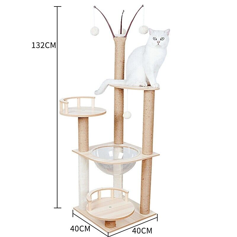 132cm Wooden Cat Tree Tower Scratching Post Scratcher Cats Condo House Bed