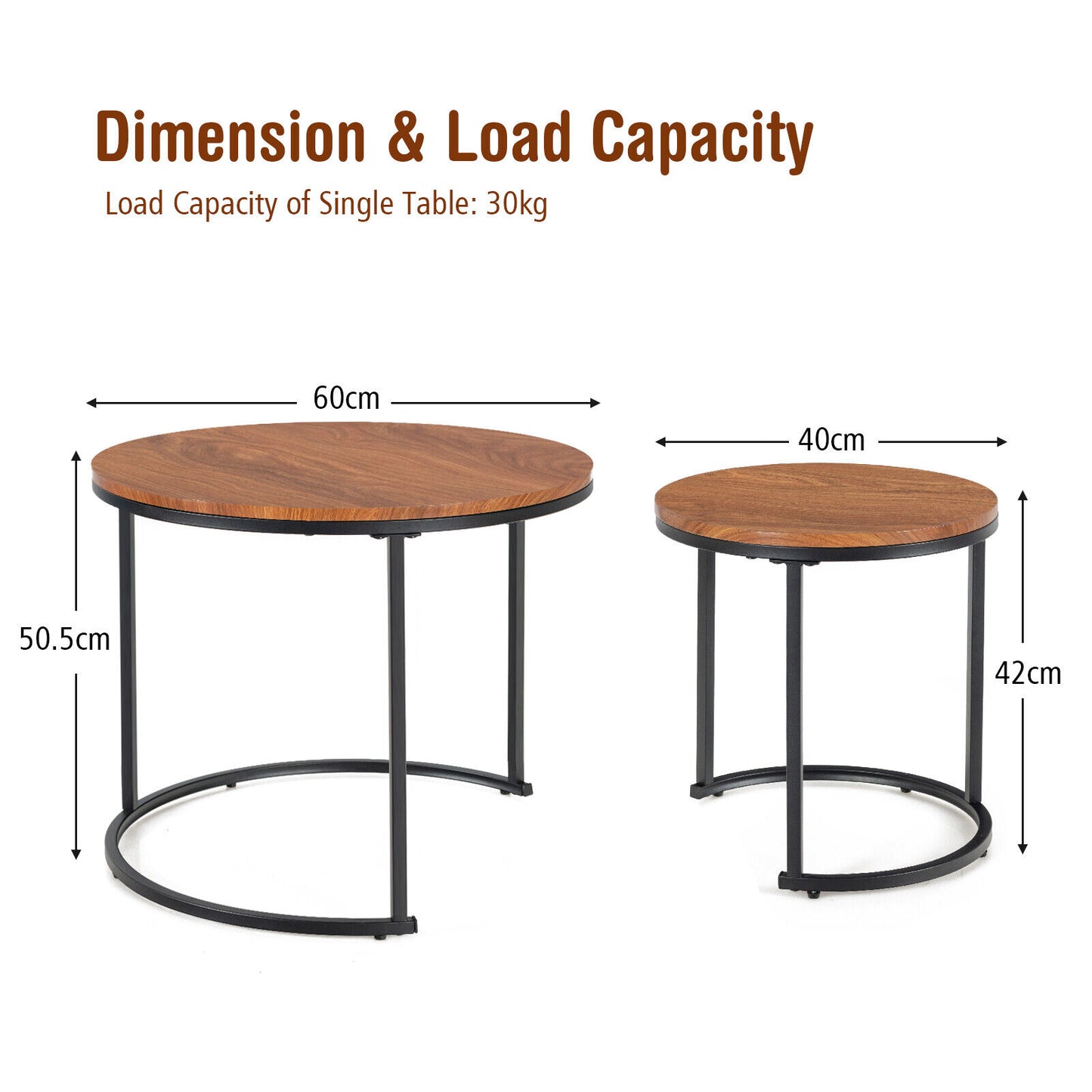 Fine Store - Set of 2 Wooden Brown Round Nesting Coffee Tables, Brown Side End Table, Accent Table