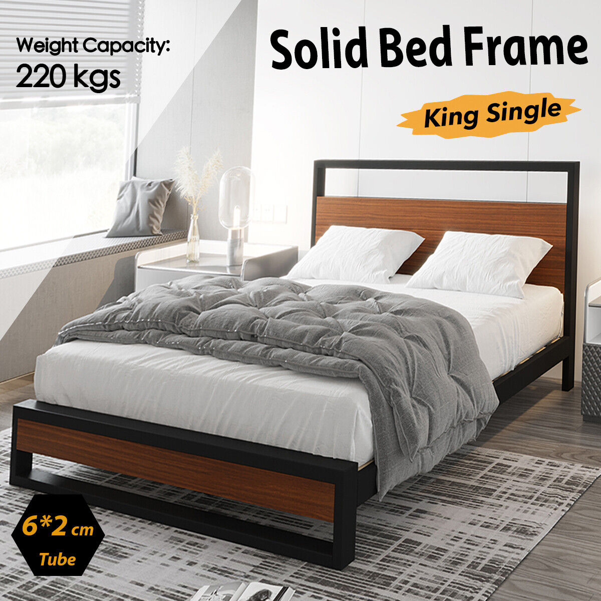 Bed Frame Metal Wood King Single Mattress Base Platform Supper Strong