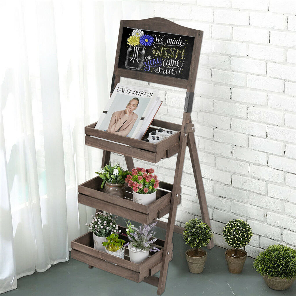 Vintage Freestanding Wooden Chalkboard Easel with 3 Display Storage Shelves Rack