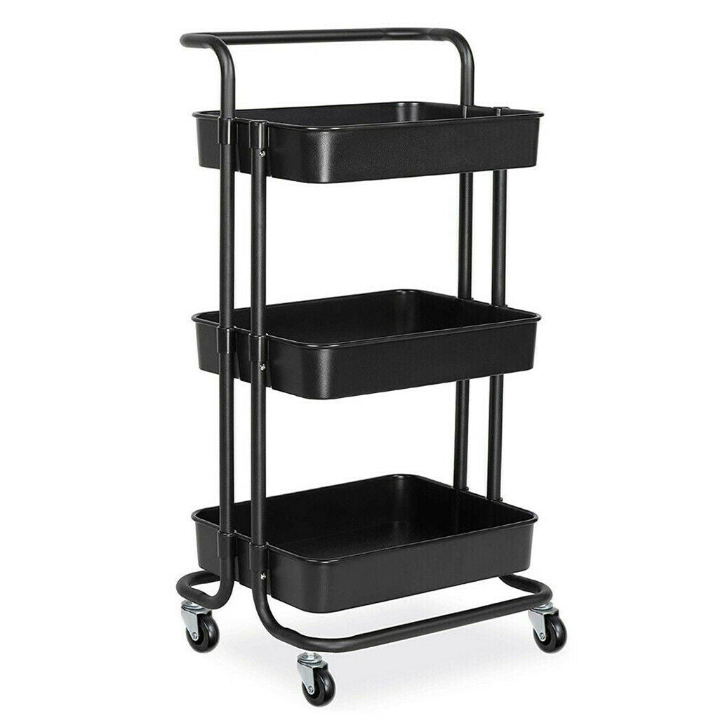 3-Tier Rolling Cart Basket Storage Serving Trolley Organiser w/ Ergonomic Handle