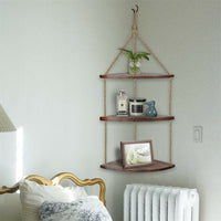 Wooden Rope Hanging Corner Wall Shelves with Storage Organizer