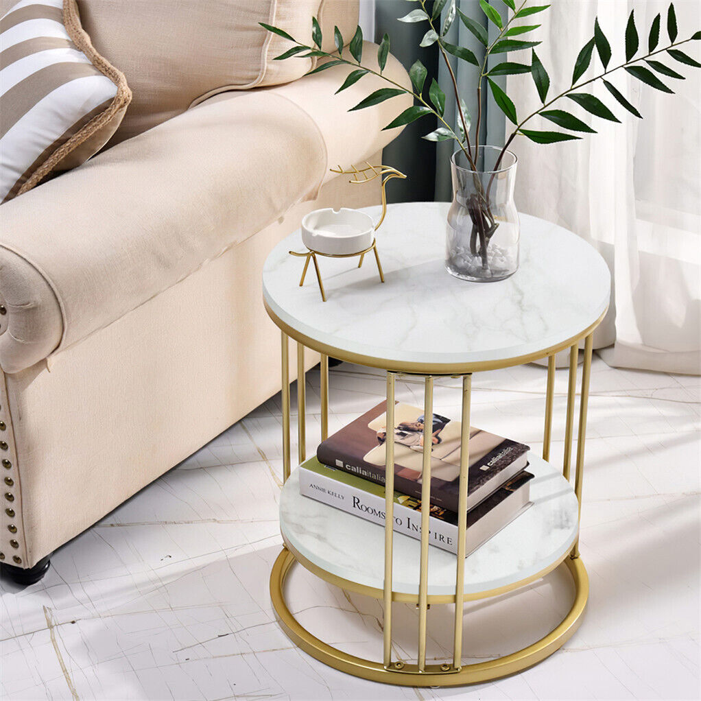 Delicate 2 Tier Gold Side End Table Marble Round Accent Furniture Bedside Table