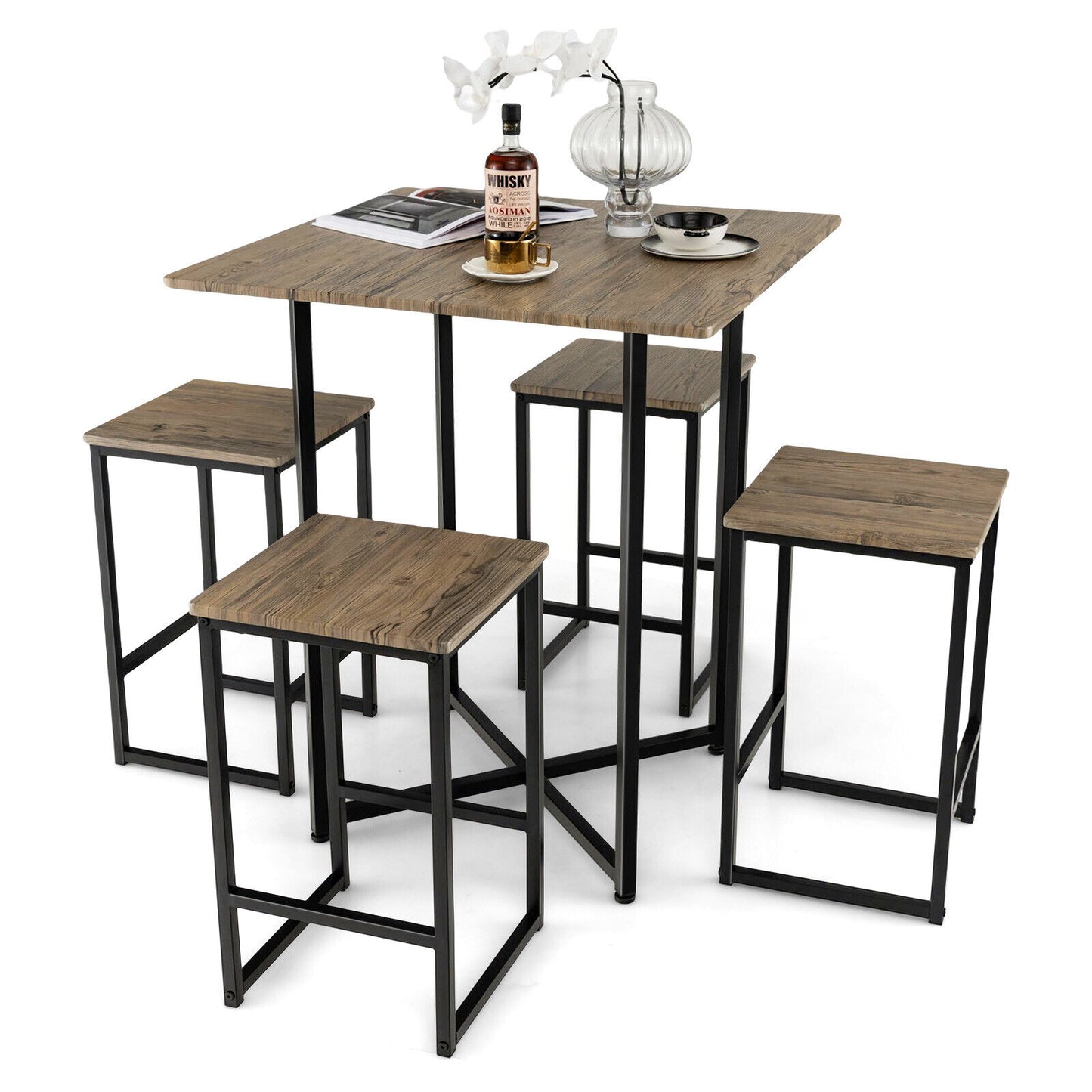 5-Piece Dining Table Set Kitchen Square Table & Stools Industrial Metal Frame