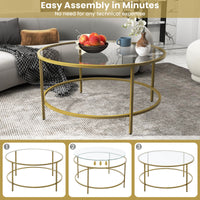 90cm Accent Round Coffee Table Center Table with Tempered Glass Tabletop Golden