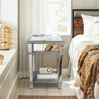 2 Tier Luxury Silver Mirrored Side Table Nightstand w/ Drawer Sofa Side Bedside