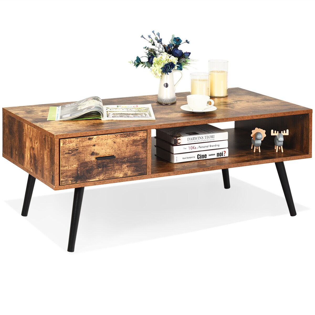 Retro Coffee Table Mid Century Modern Living Room Furniture w/Open Storage Shelf