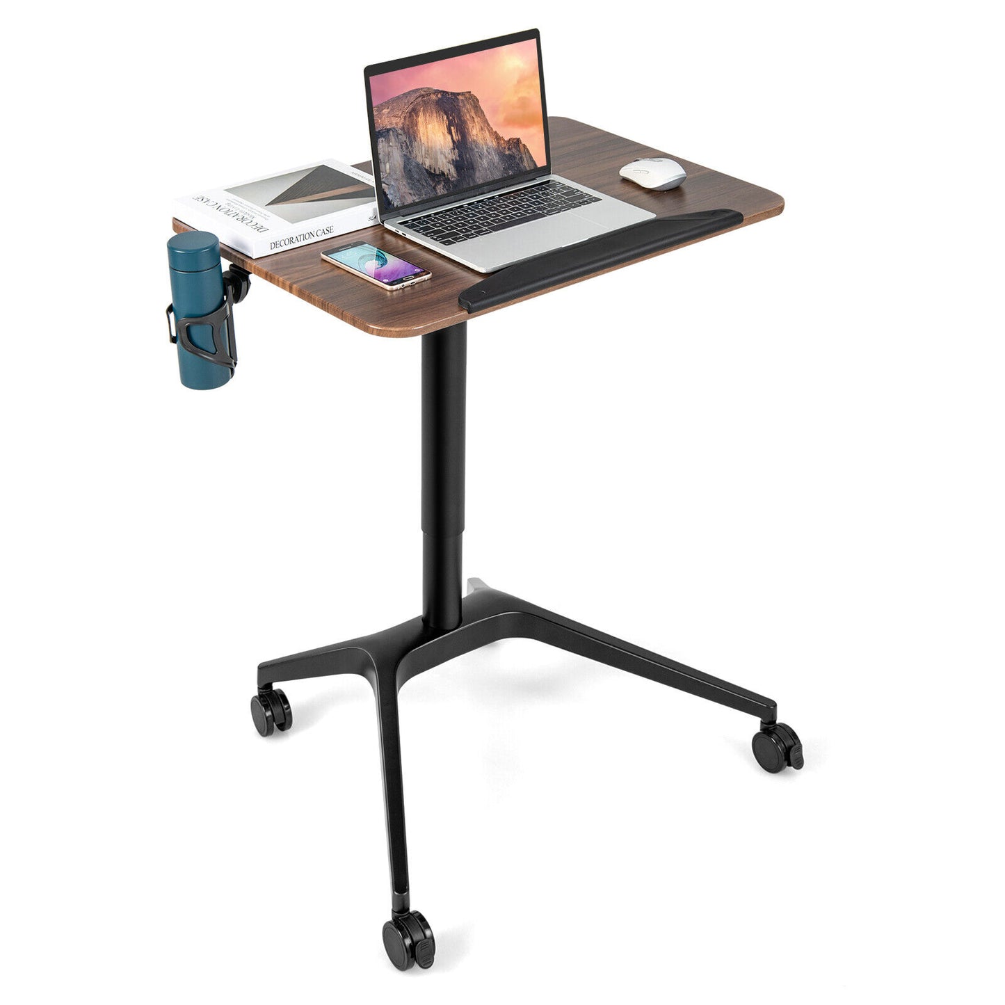 Pneumatic Standing Desk Tilting Adjustable Laptop Cart Mobile Podium Cup Holder