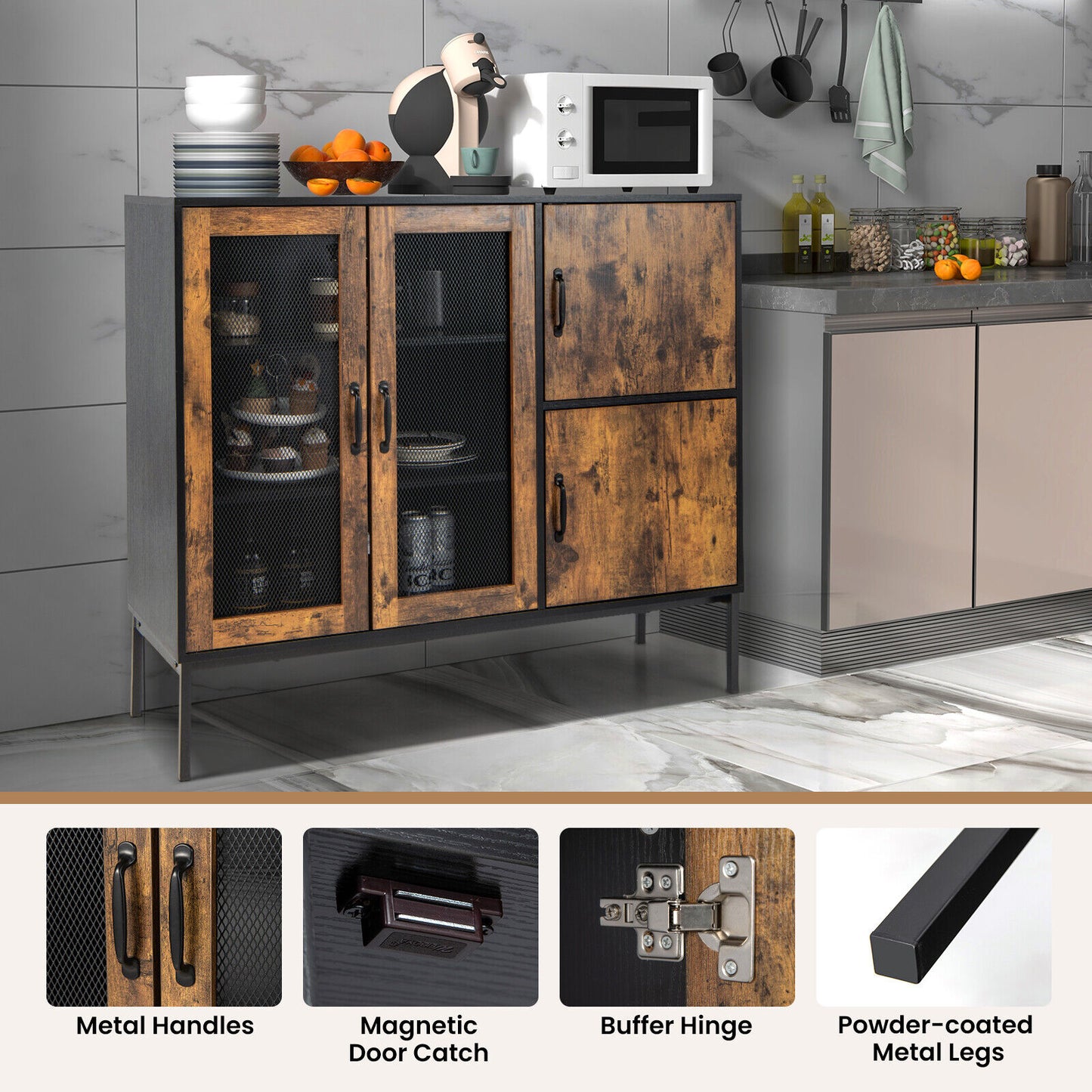 Buffet Sideboard Industrial 4-Door Storage Cabinet Kicthen Cupboard