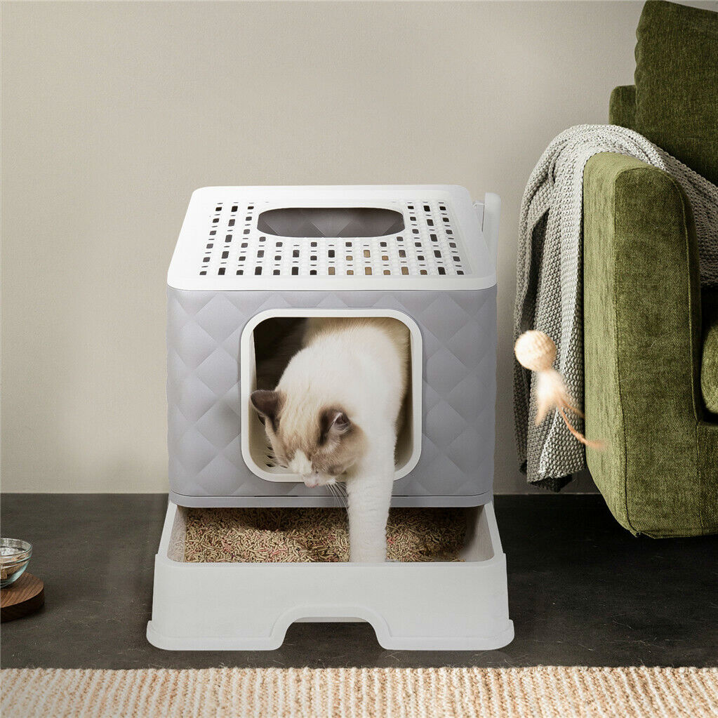 Foldable Cat Litter Box Enclosure Cabinet Cushion Cat Mat Top f Medium Large Cat