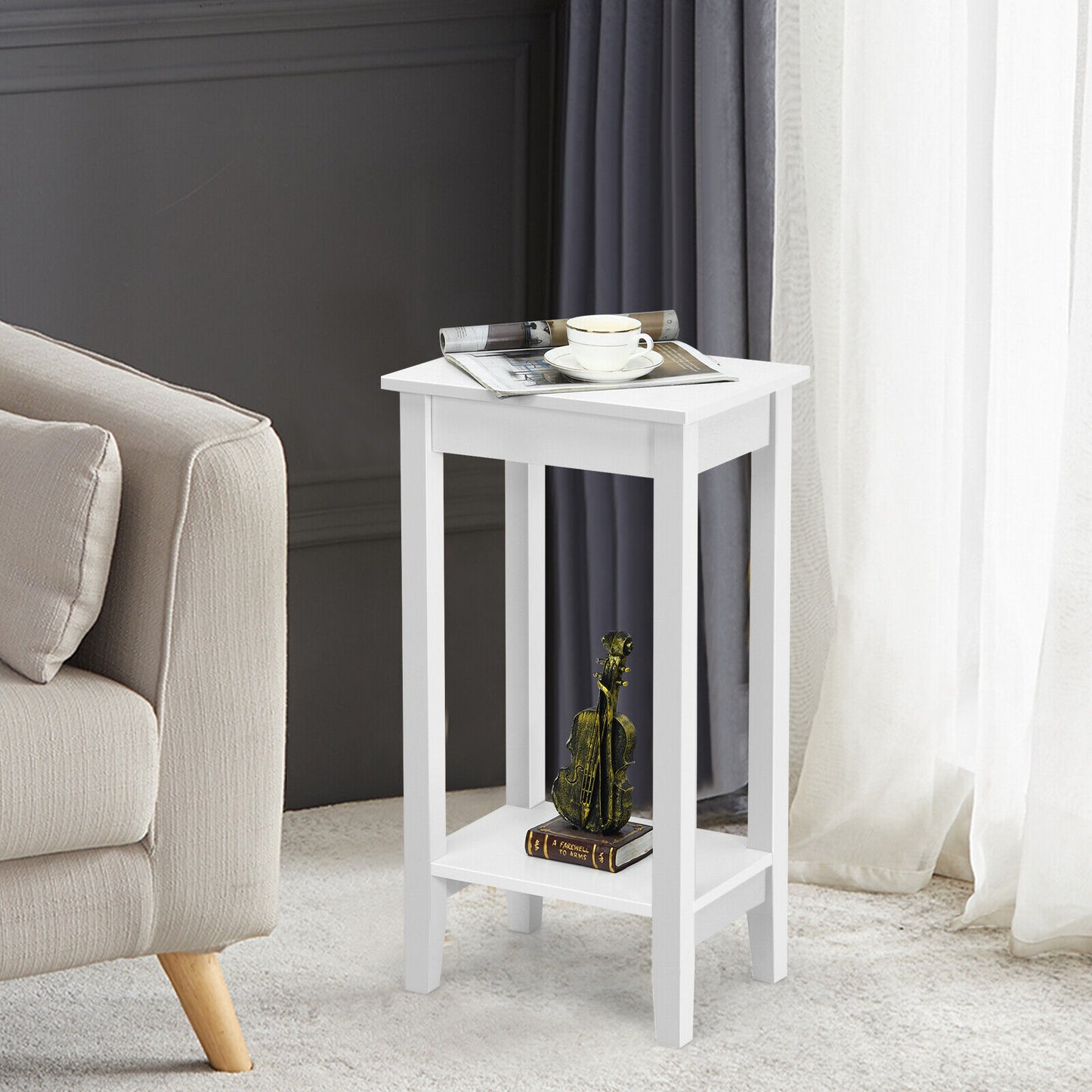 Nightstand 2-Tier End Side Table Coffee Table Wooden Legs Bedroom White