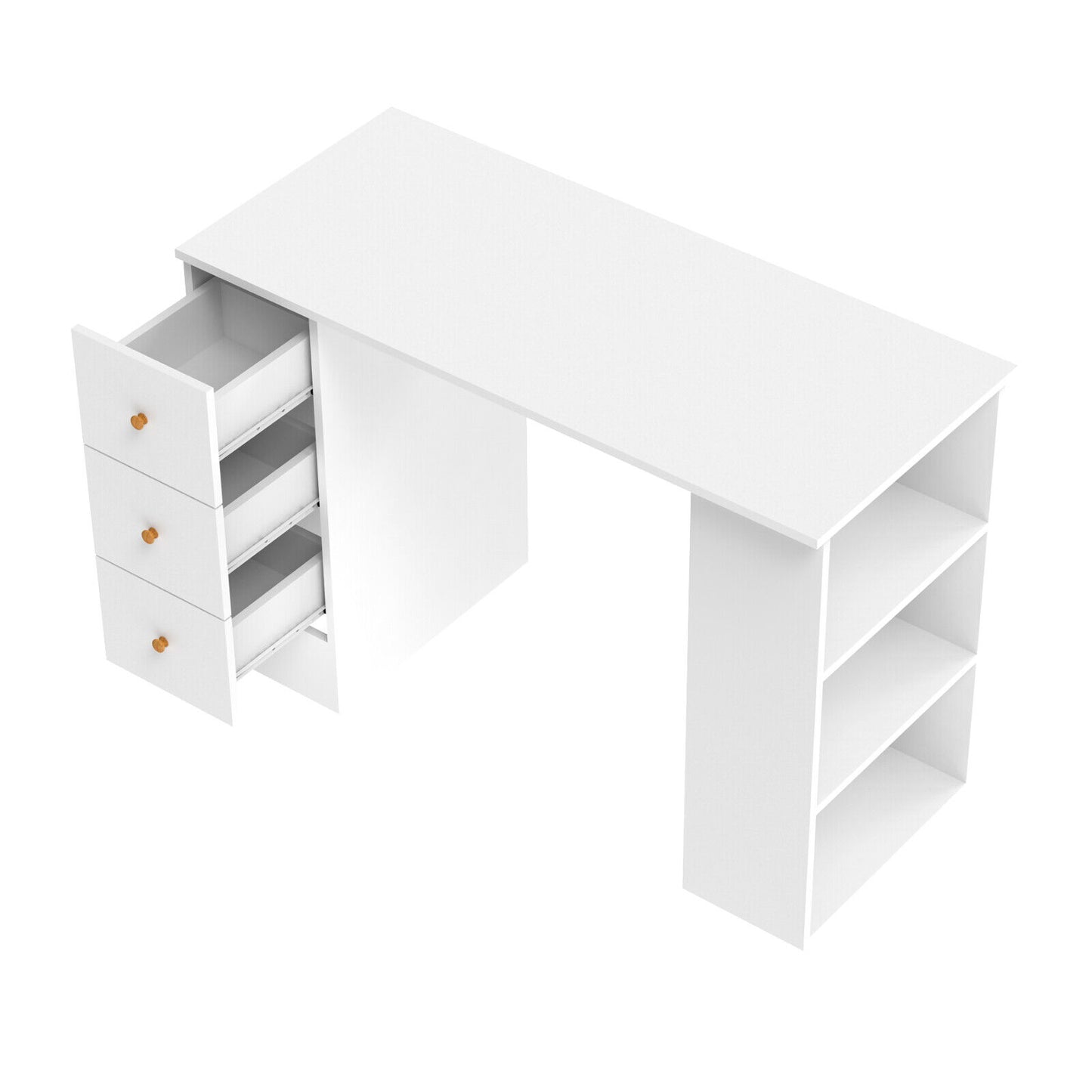 White computer desk with 3 drawers and shelves