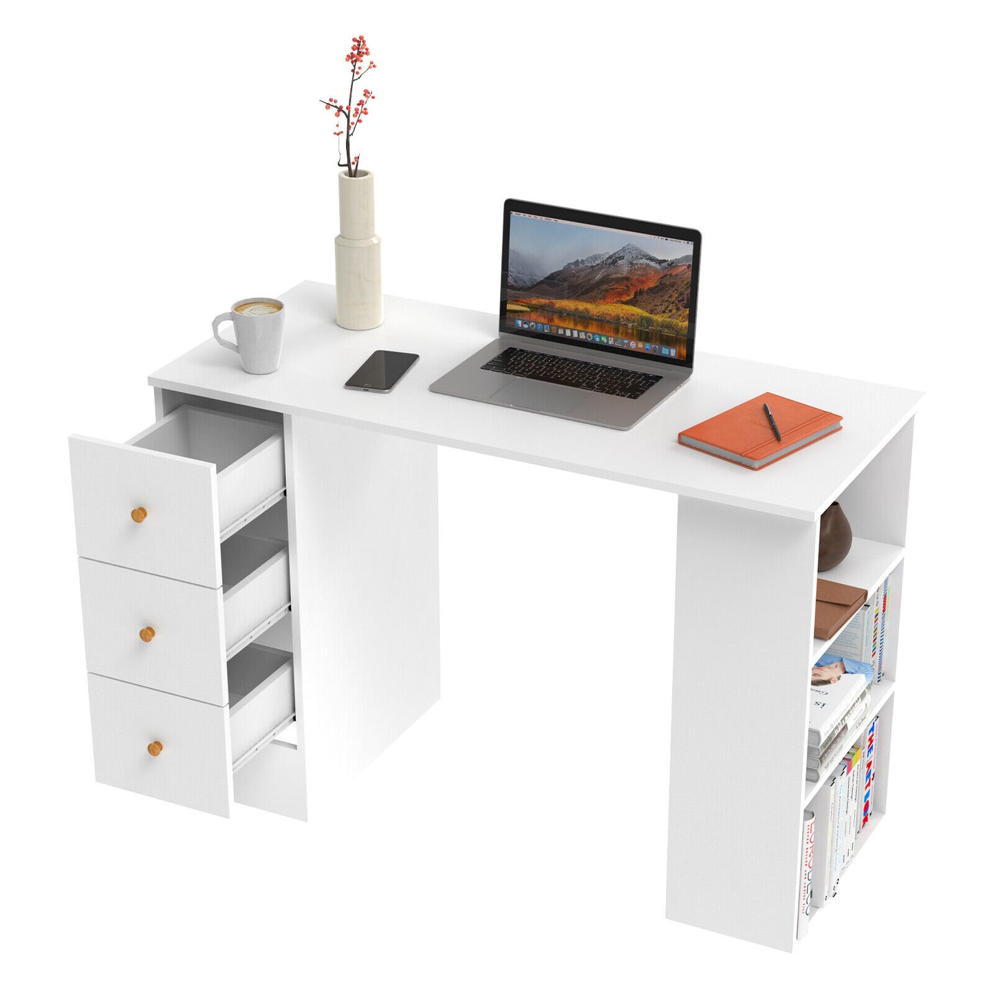 White computer desk with 3 drawers and shelves