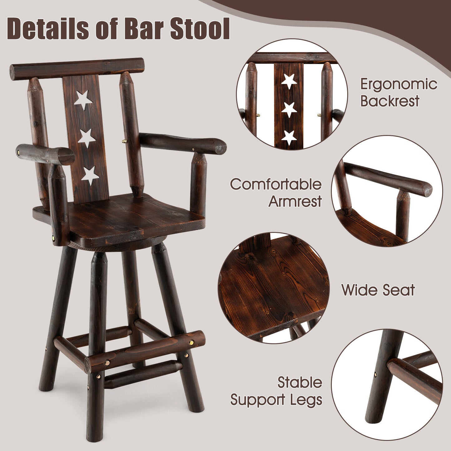 Vintage Brown Wooden Swivel Bar Stool for Kitchen or Patio