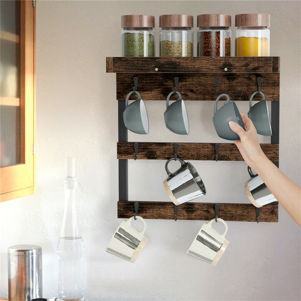 Wall Mounted Coffee Mug Rack Holder with 12Hook Display Storage Collection Shelf