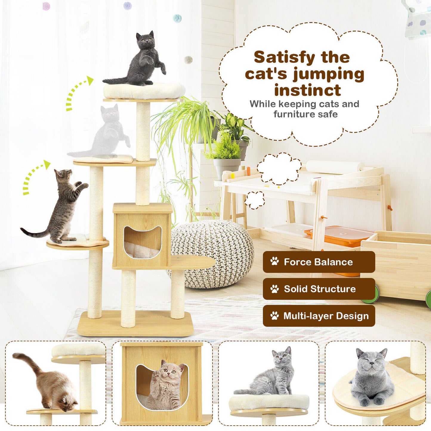 Cat Tree Tower Scratching Post Kitten Scratcher Trees Condo House Beige 135CM