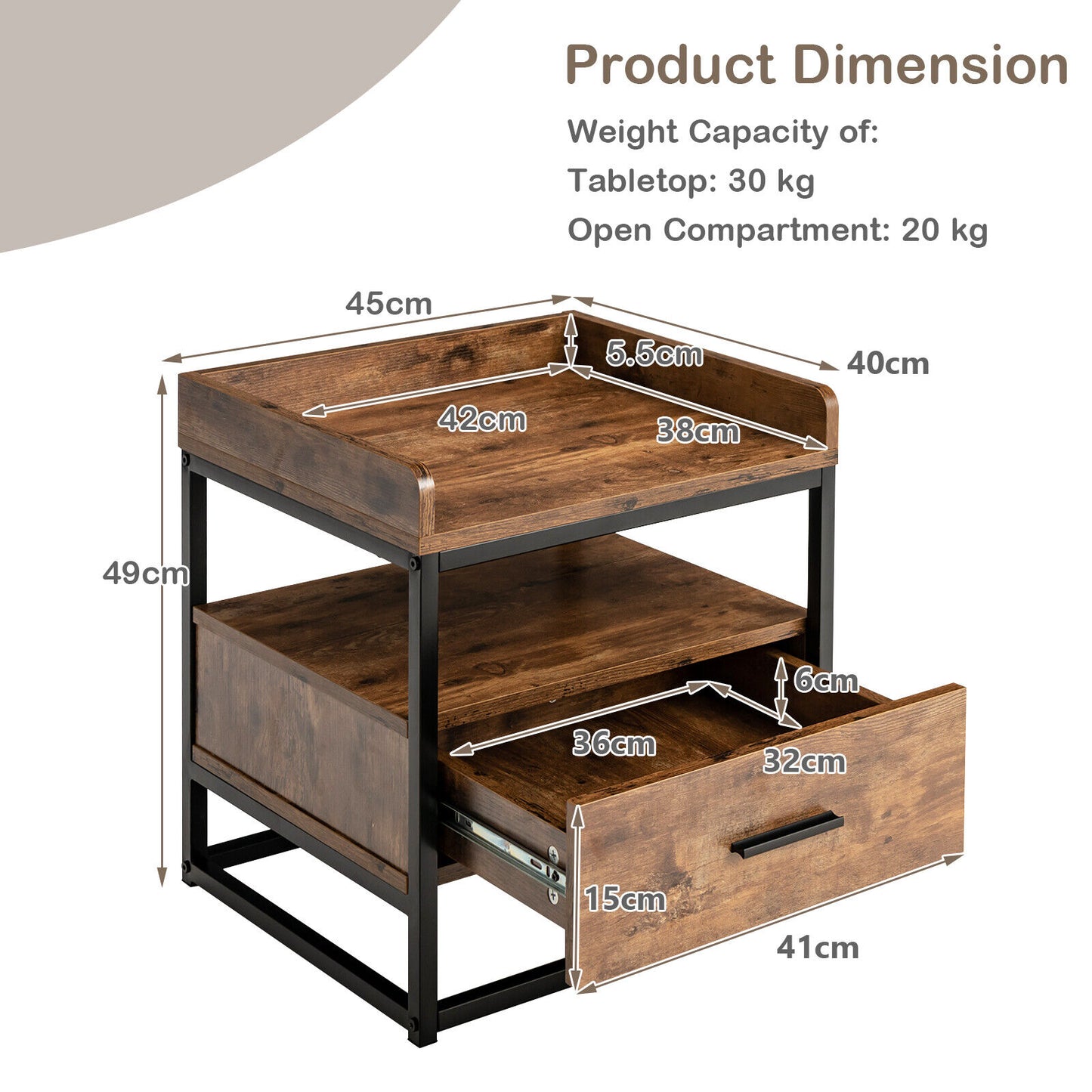 Nightstand Industrial End Side Tables Drawer Storage Shelves Bedroom