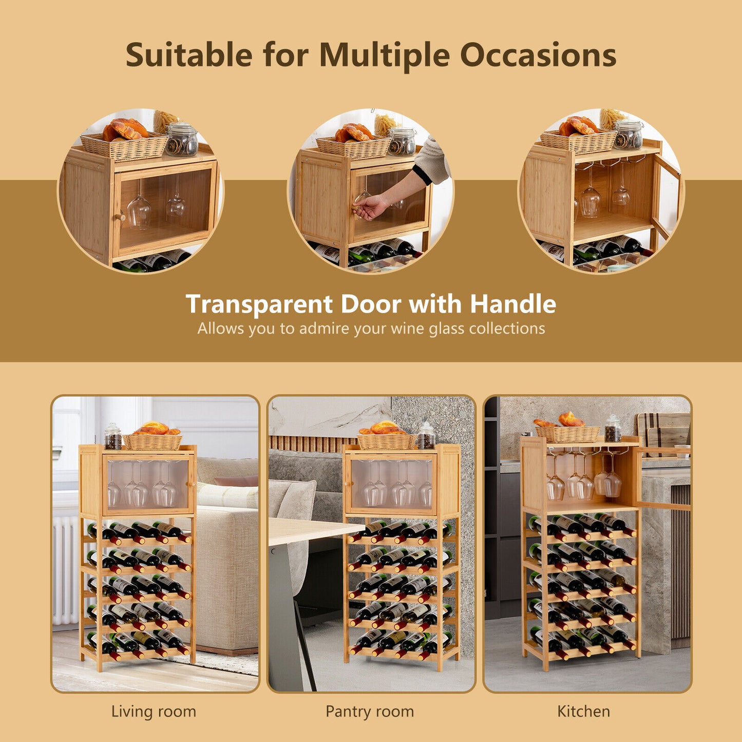 20-Bottle Wine Rack Cabinet Bamboo Display Shelf w/ Glass Holder Kitchen