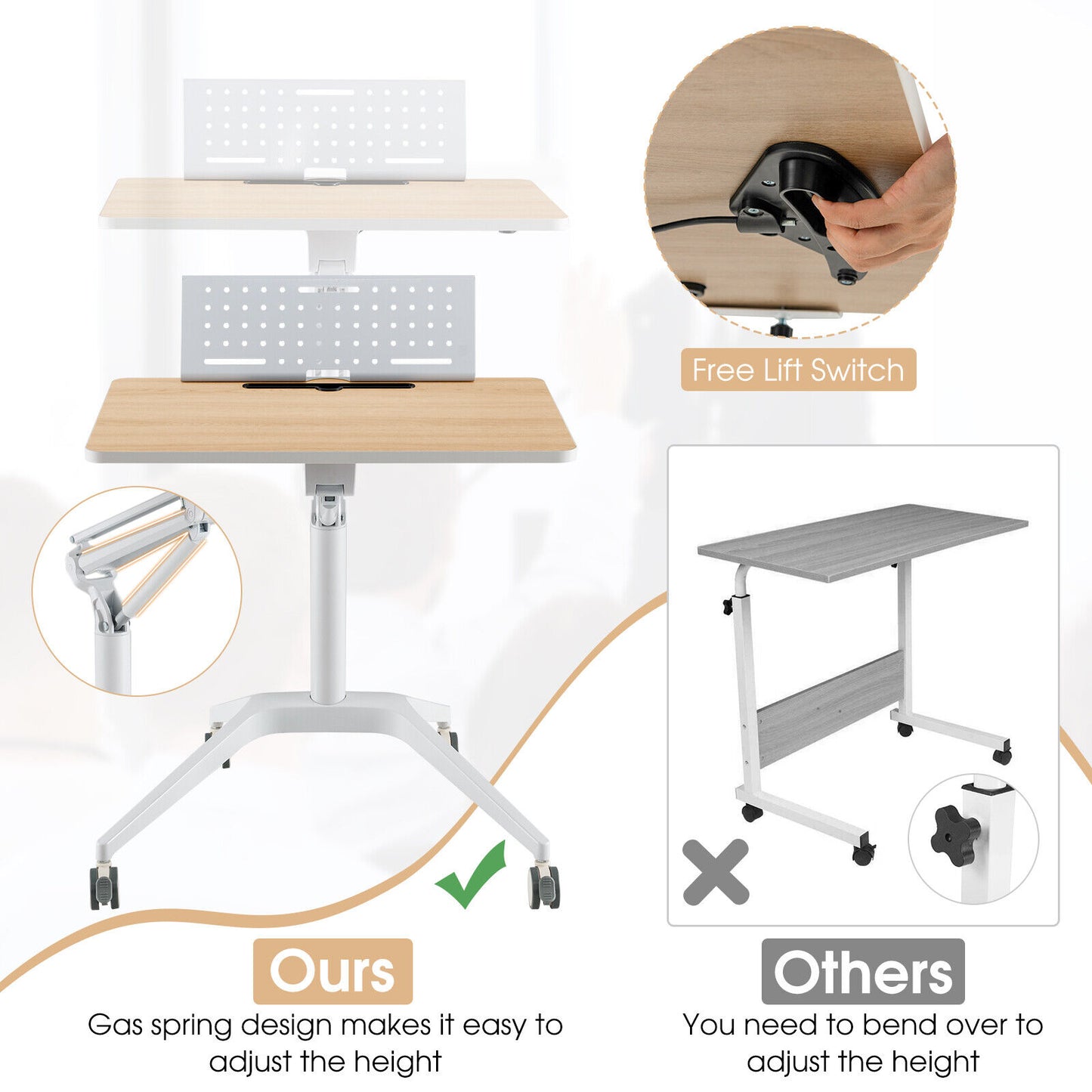 Pneumatic Standing Desk Rolling Adjustable Laptop Cart Podium Detachable Holder