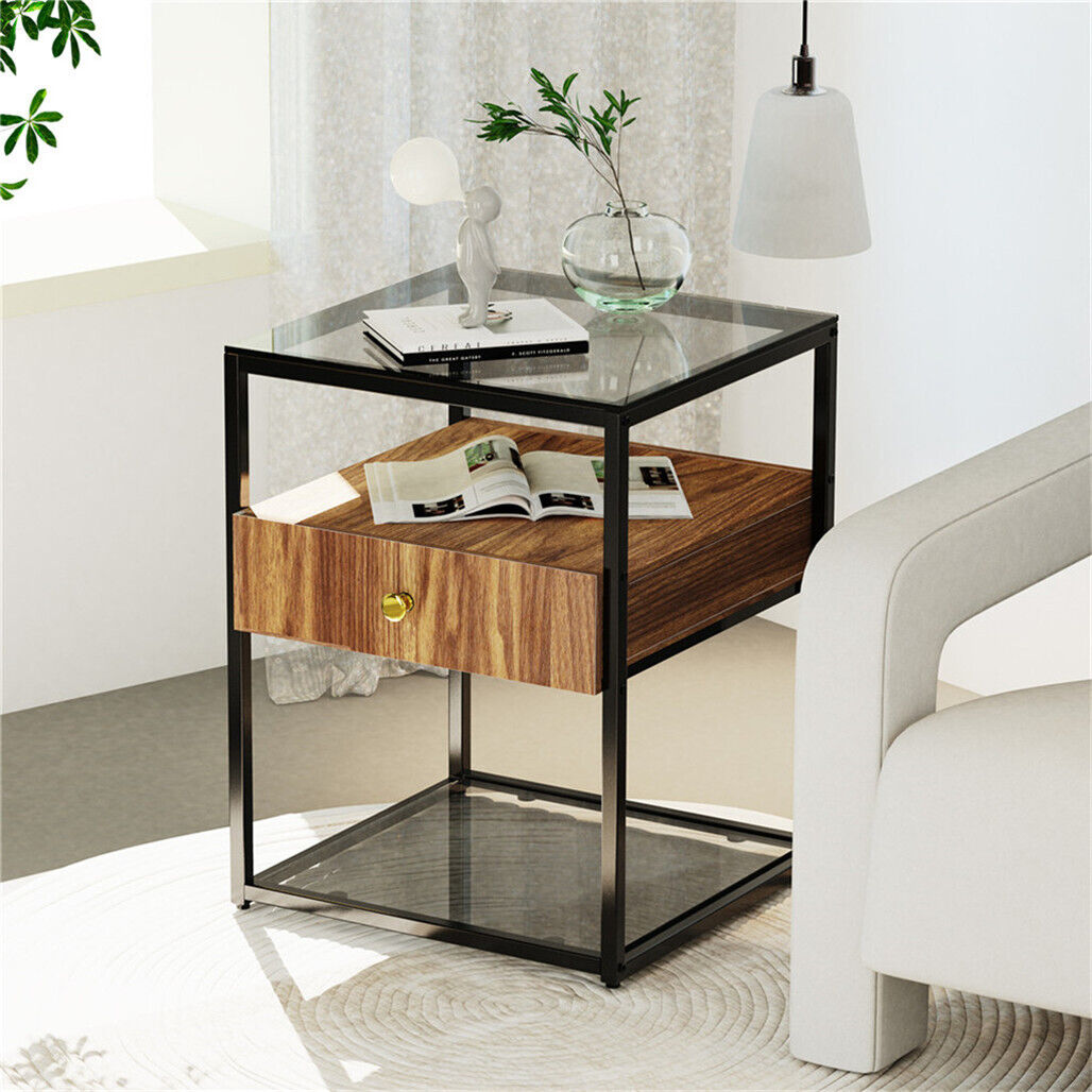 Elegant End Tables Coffee Table Glass Surface Nightstand Cabinet for Home Office