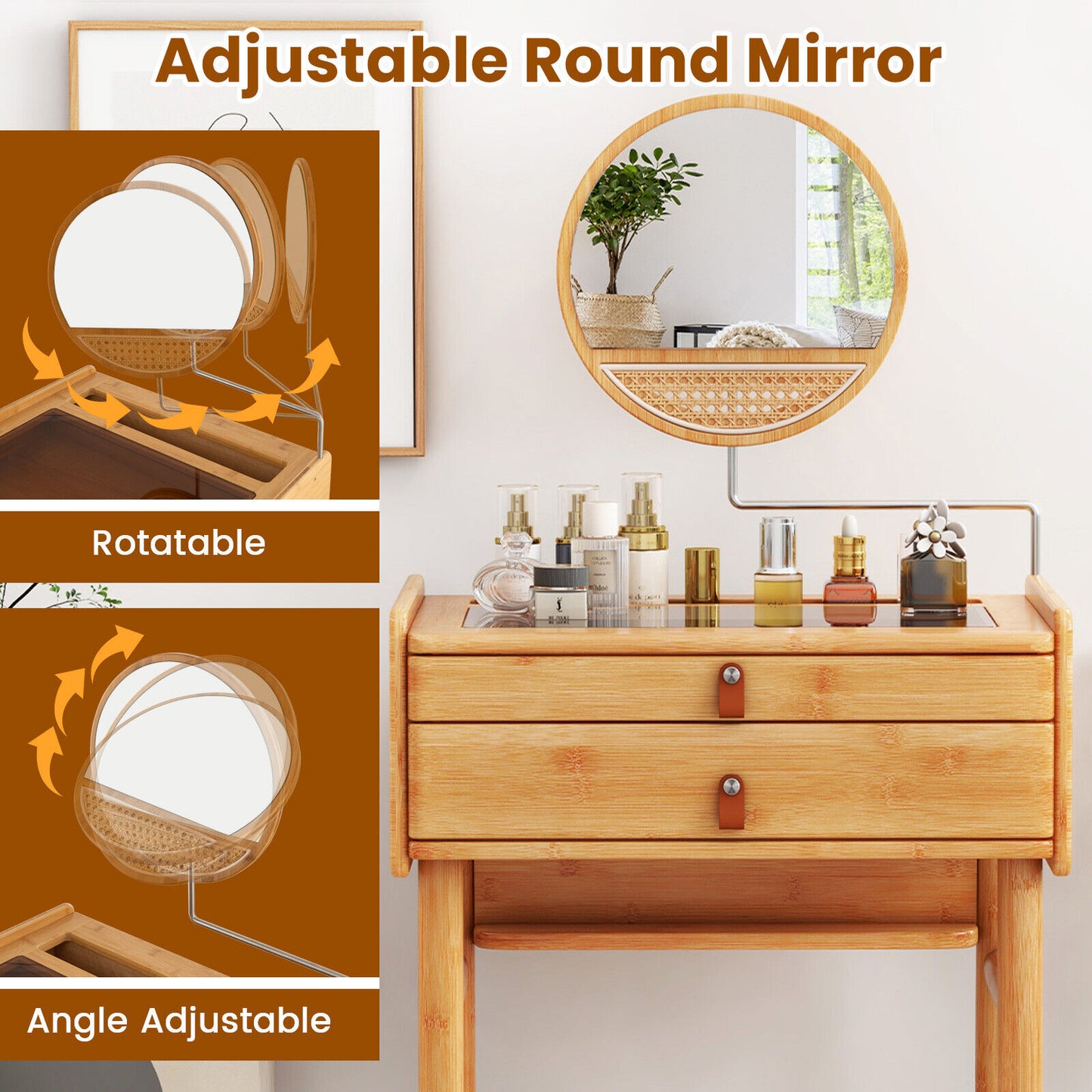 Makeup Vanity Table w/ Mirror Bamboo Dressing Table w/ Storage Drawers Bedroom