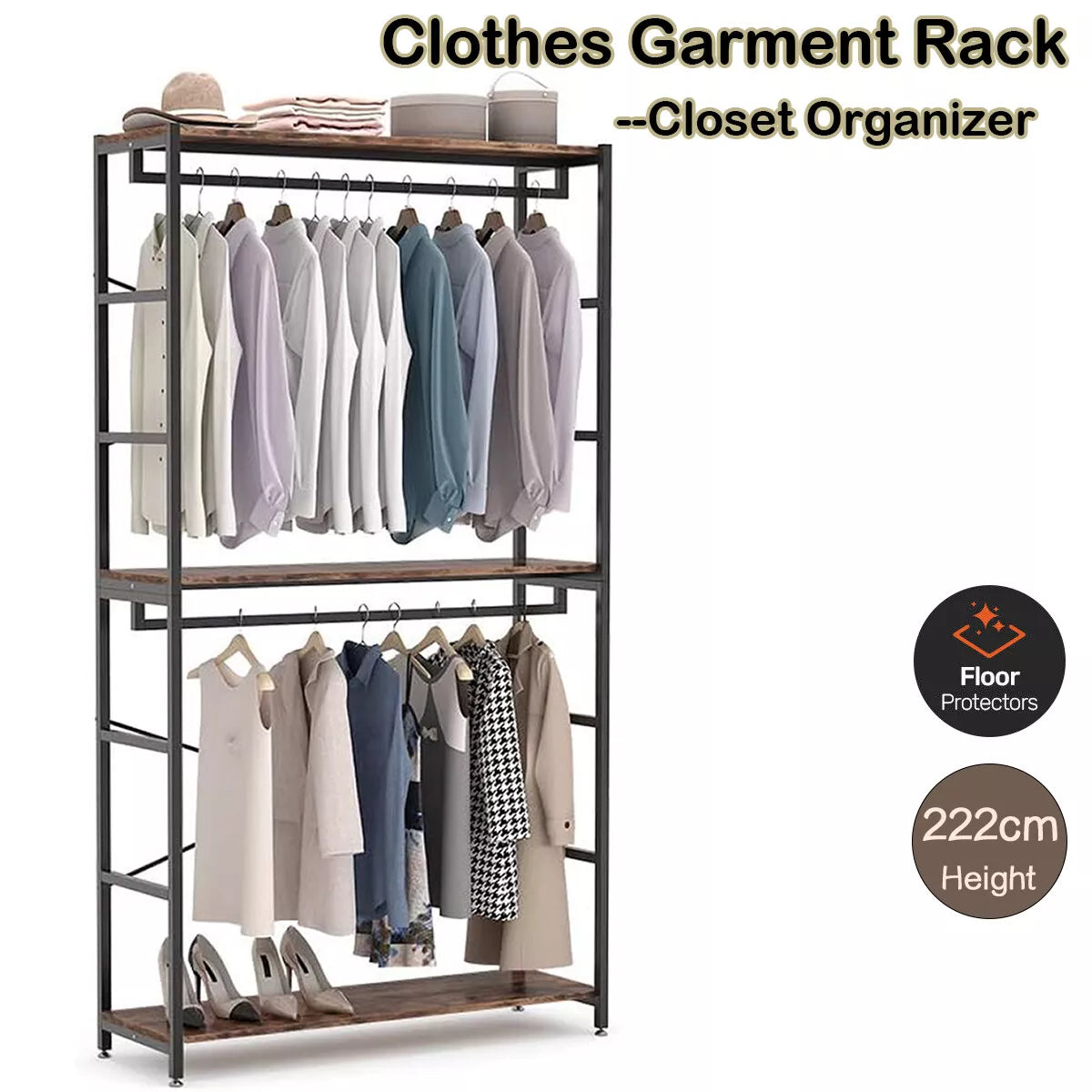 Freestanding Double Rod Closet Organizer – 3-Tier Shelves Garment Rack for Clothes Storage