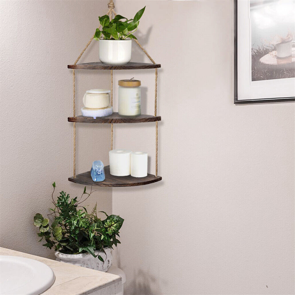 Hanging Corner Shelf 3 Tier Rustic Wood Floating Organizer Displays Storage Rack