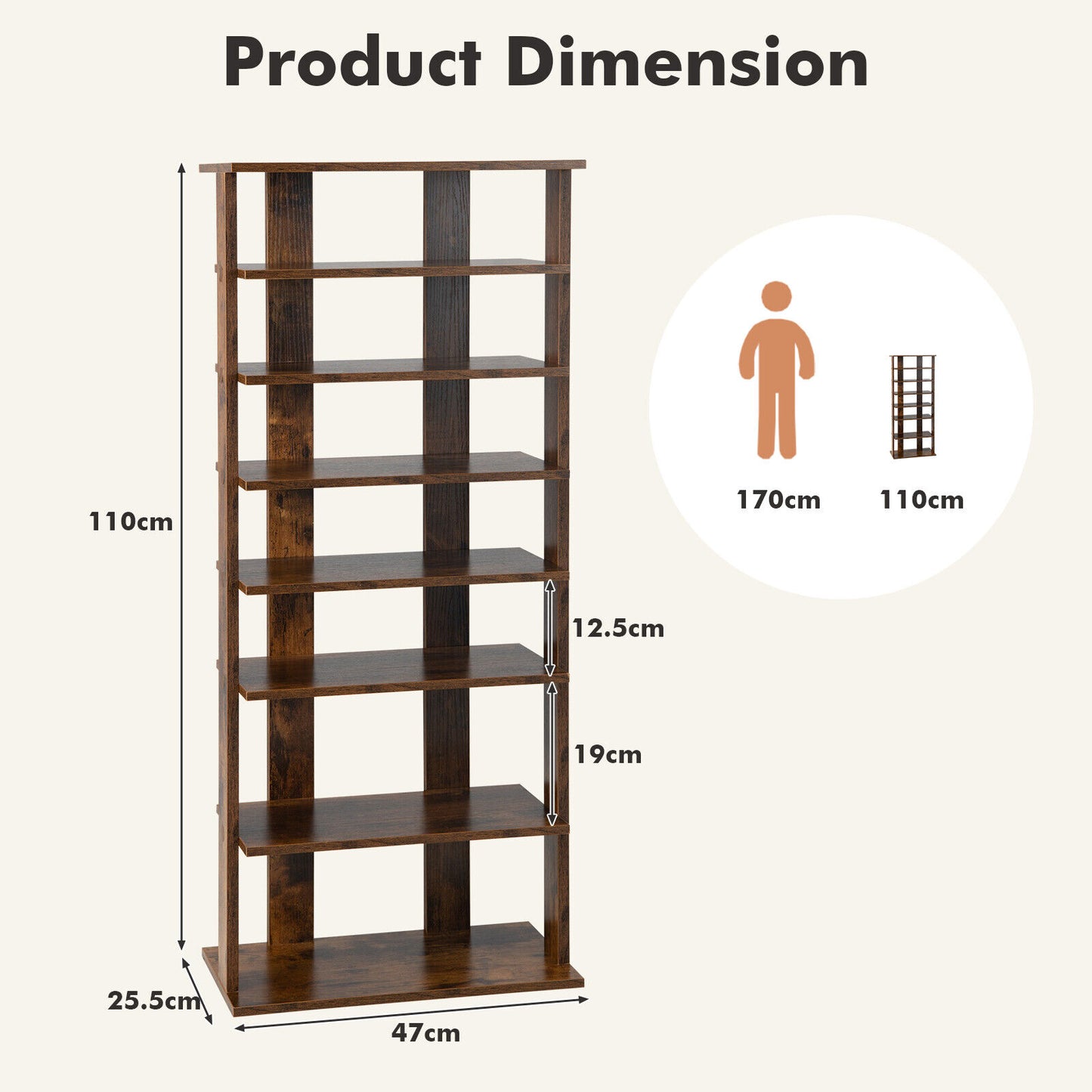 7-Tier Rustic Brown Vertical Wooden Shoe Storage Organizer