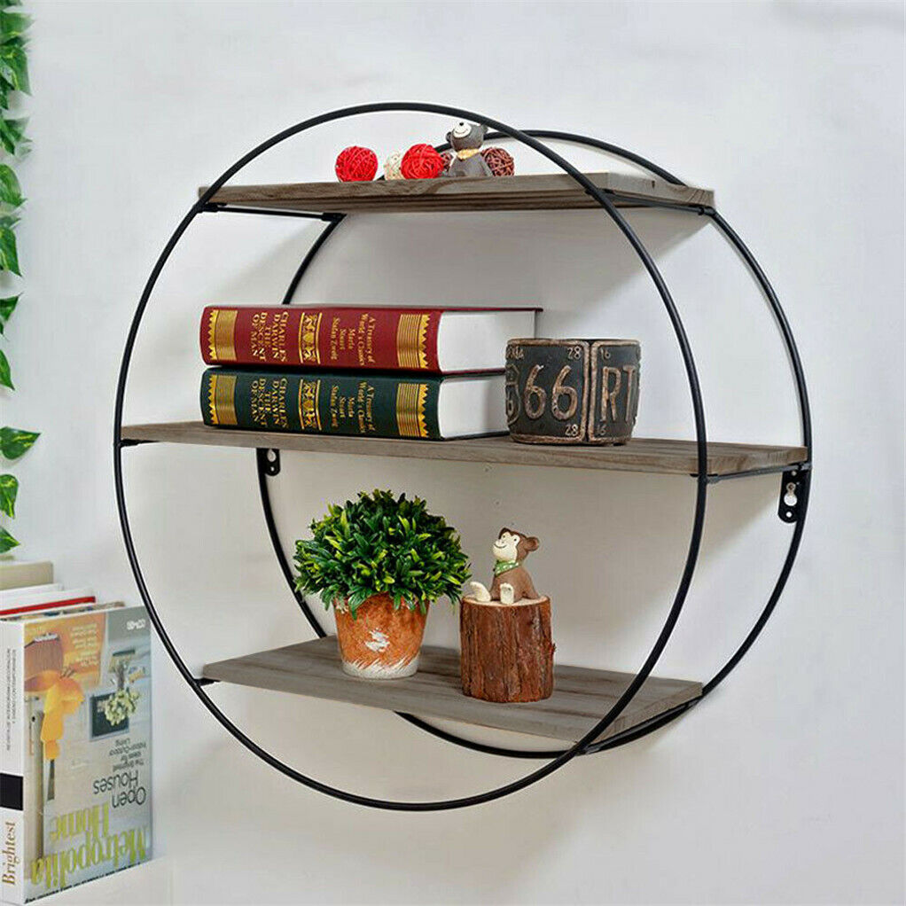 Large Round Wall Unit Industrial Iron Style Retro Metal Wood Home Shelf Storage