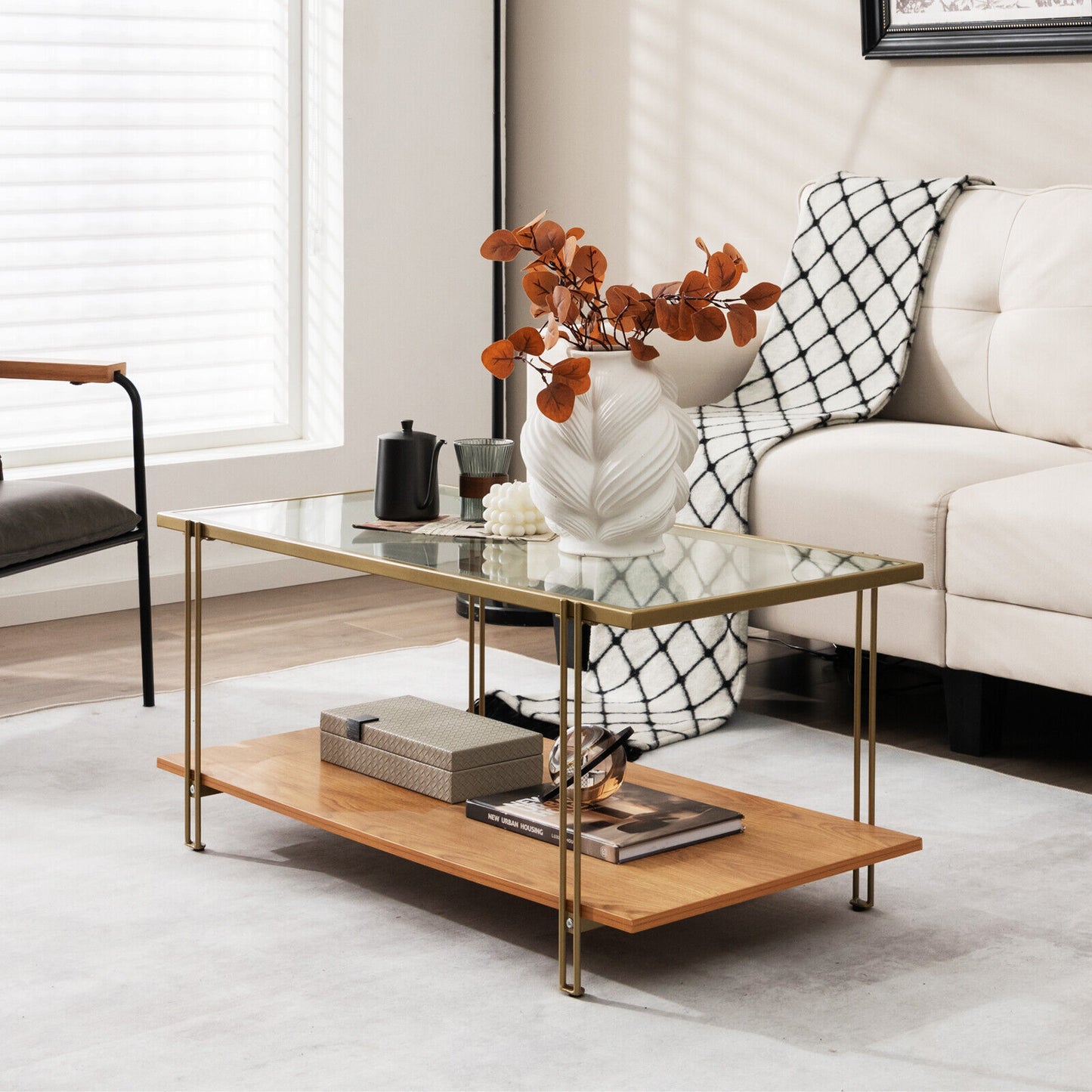 Coffee Table Rectangle Glass Top Wood Bottom Storage Shelf Gold Steel