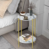 White Marble Side End Table 2Tier Round Nightstand w/ Storage Shelf Living Room