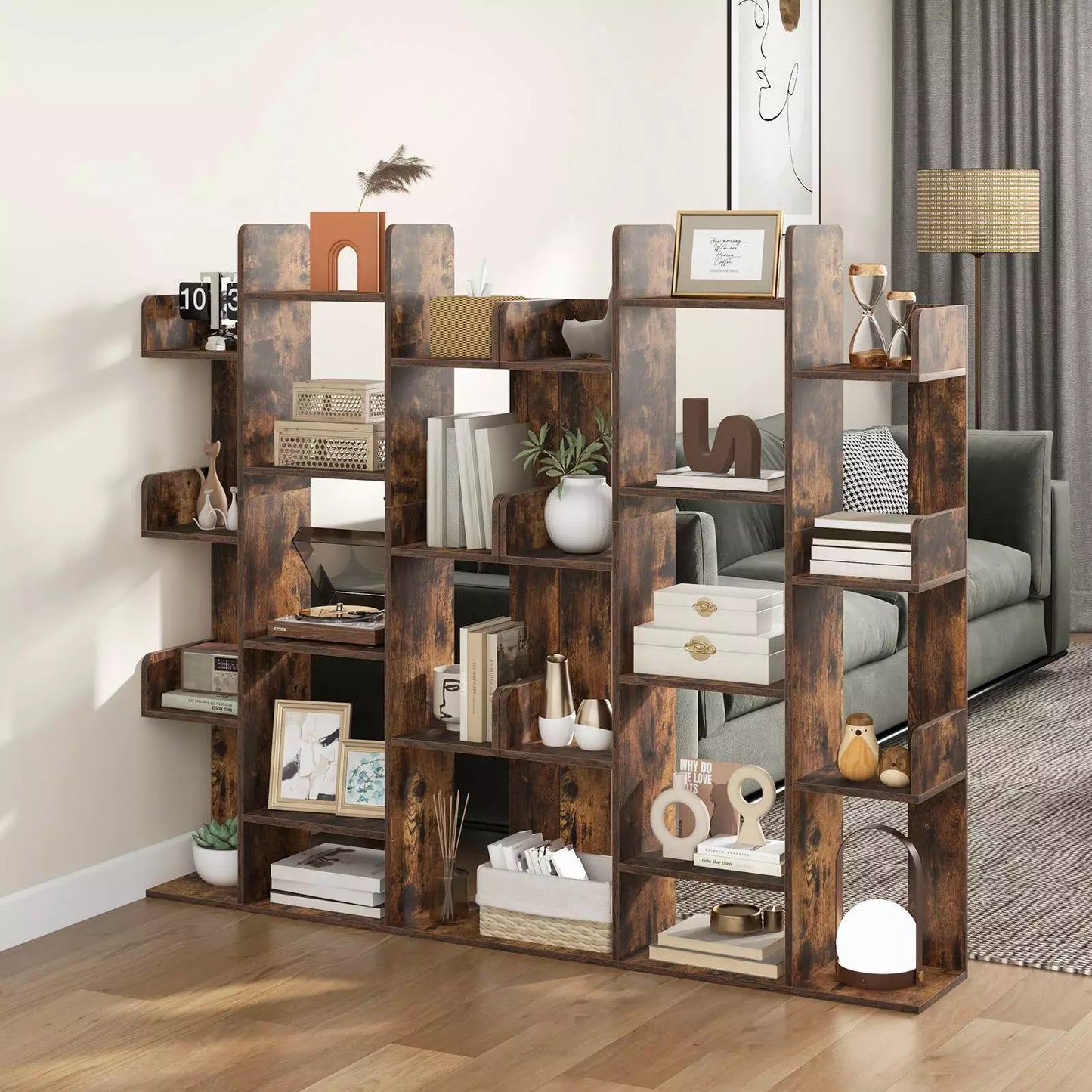 Tall Tree-Shaped Bookshelf with Open Shelves and Corner Storage Organizer