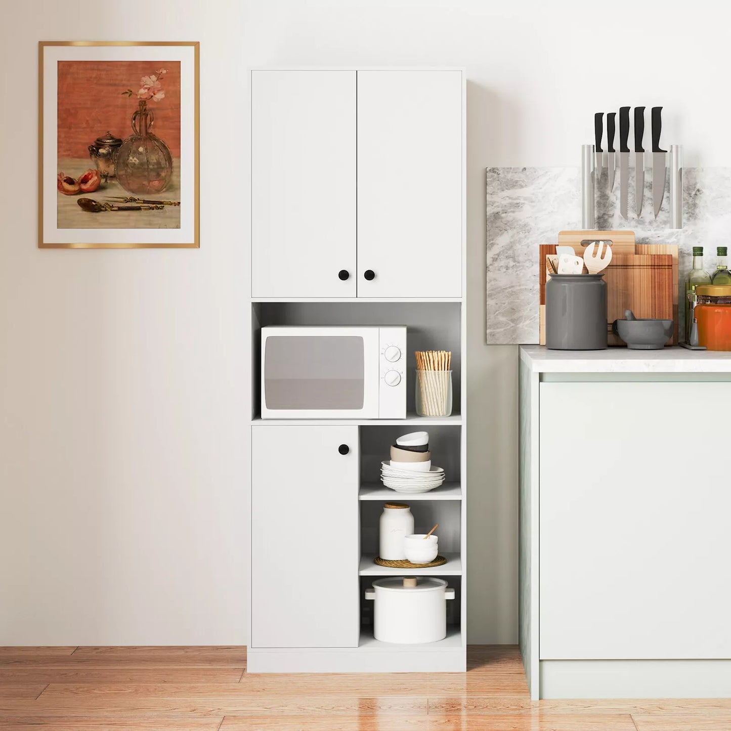 166cm Tall Modern Kitchen Pantry Cabinet with Hutch & Open Shelves