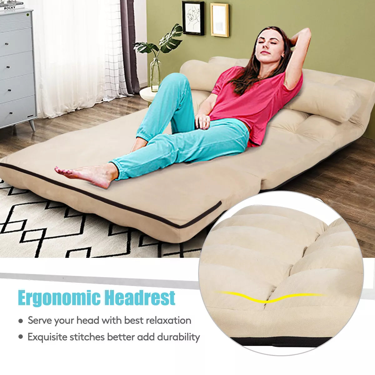 Adjustable Foldable Floor Sofa Bed Chair with 6 Positions & 2 Pillows