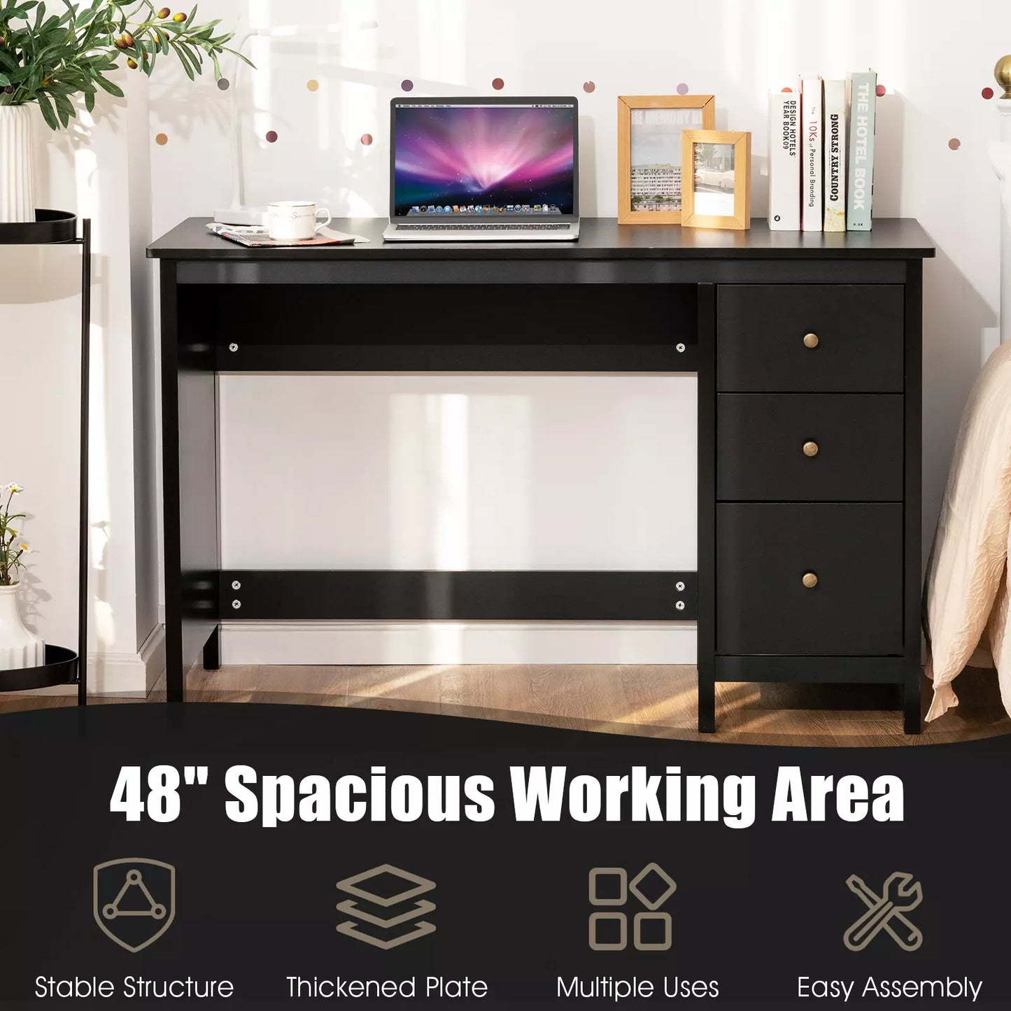 Modern Black Computer Desk with 3 Drawers – Study, Writing, and Home Office Workstation