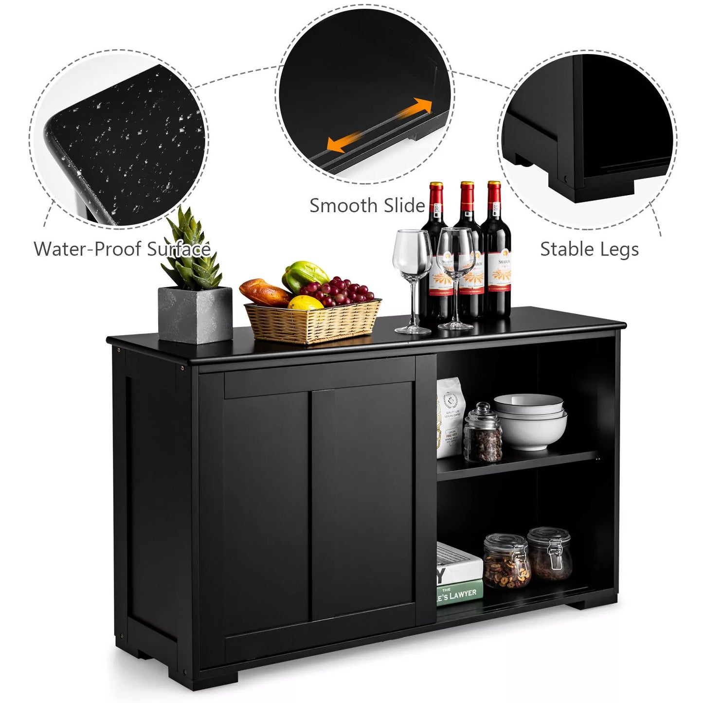 Modern Black Buffet Sideboard – Kitchen Storage Cabinet with Sliding Doors