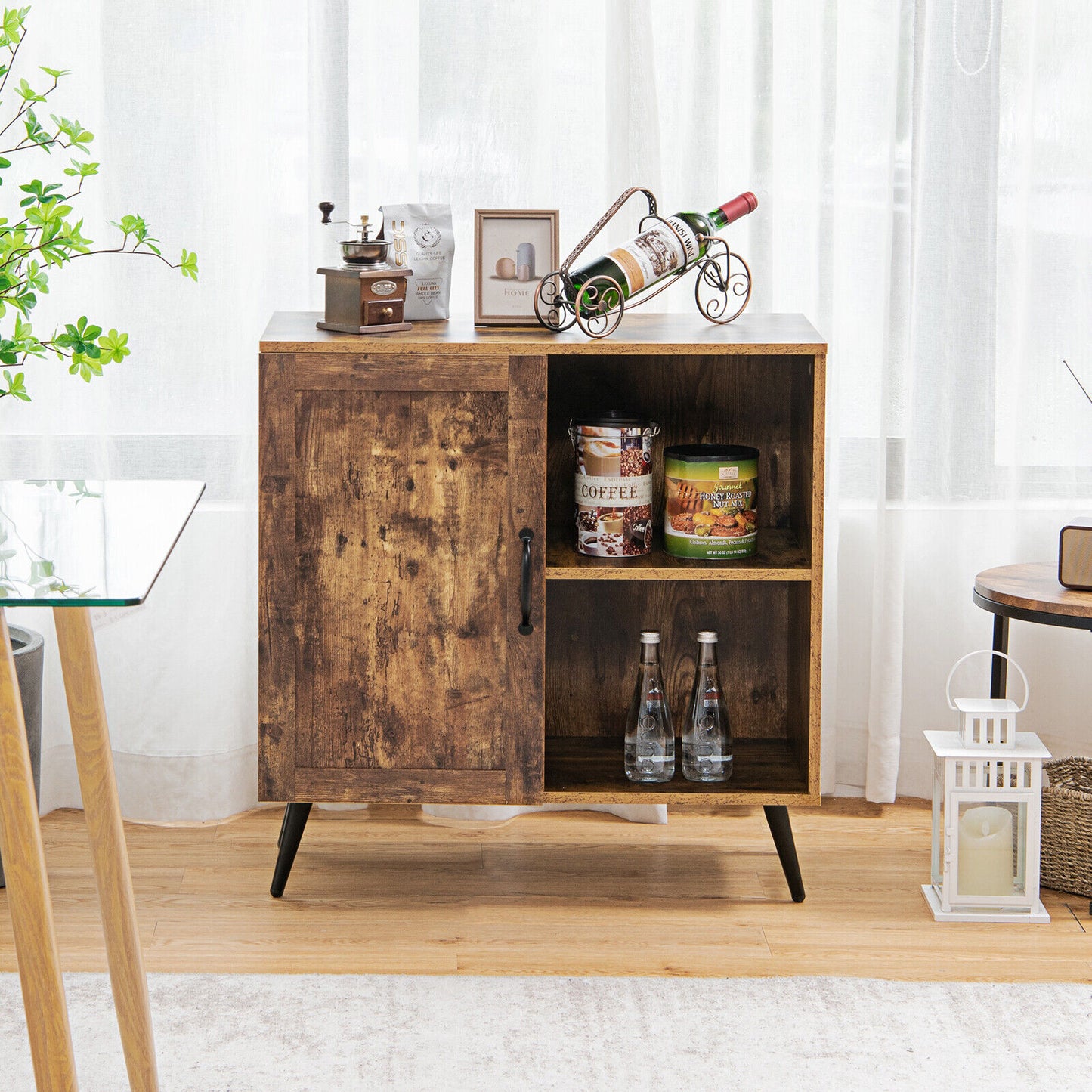 Floor Cabinet Mid-century Storage Cupboard Wooden Side Table w/ Shelves