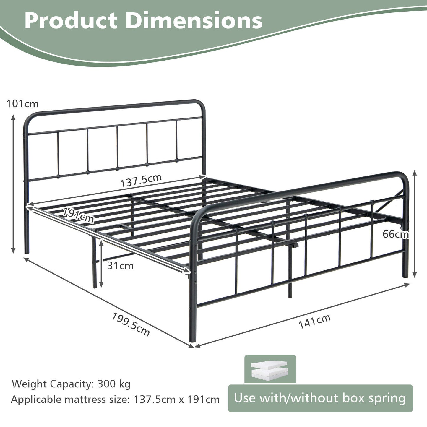 Bed Frame Metal Double Size Heavy-Duty Mattress Base Foundation Black