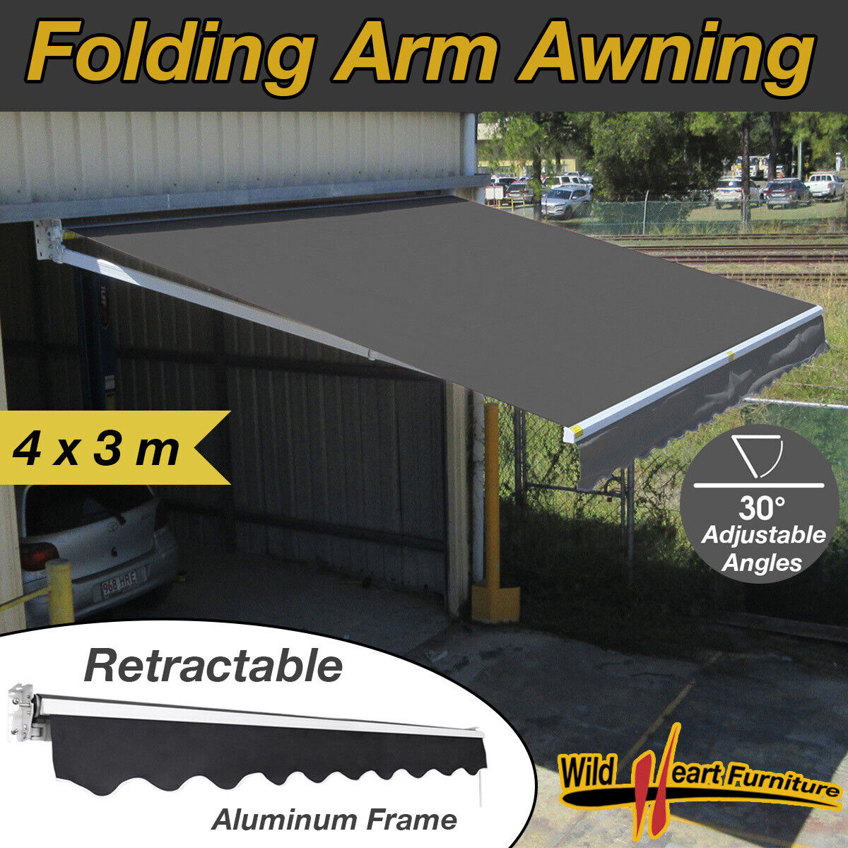 4x3M Folding Arm Awning Retractable CHARCOAL Outdoor Sunshade Canopy