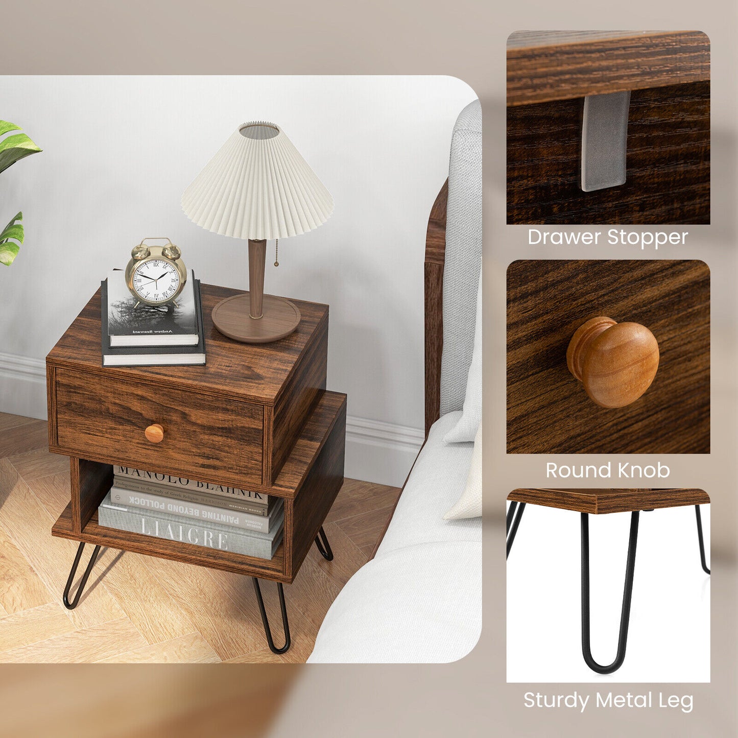 2-Tier Nightstand Set of 2 Irregular Wooden Bedside Storage Table